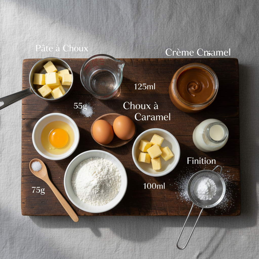 Choux à la crème au caramel, coiffés de leur chapeau et saupoudrés de sucre glace. Choux à la Crème au Caramel