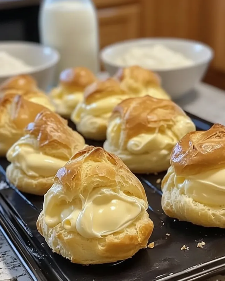 Pâte à choux en train d'être pochée en petits tas uniformes sur une plaque de cuisson. Choux à la crème pâtissière