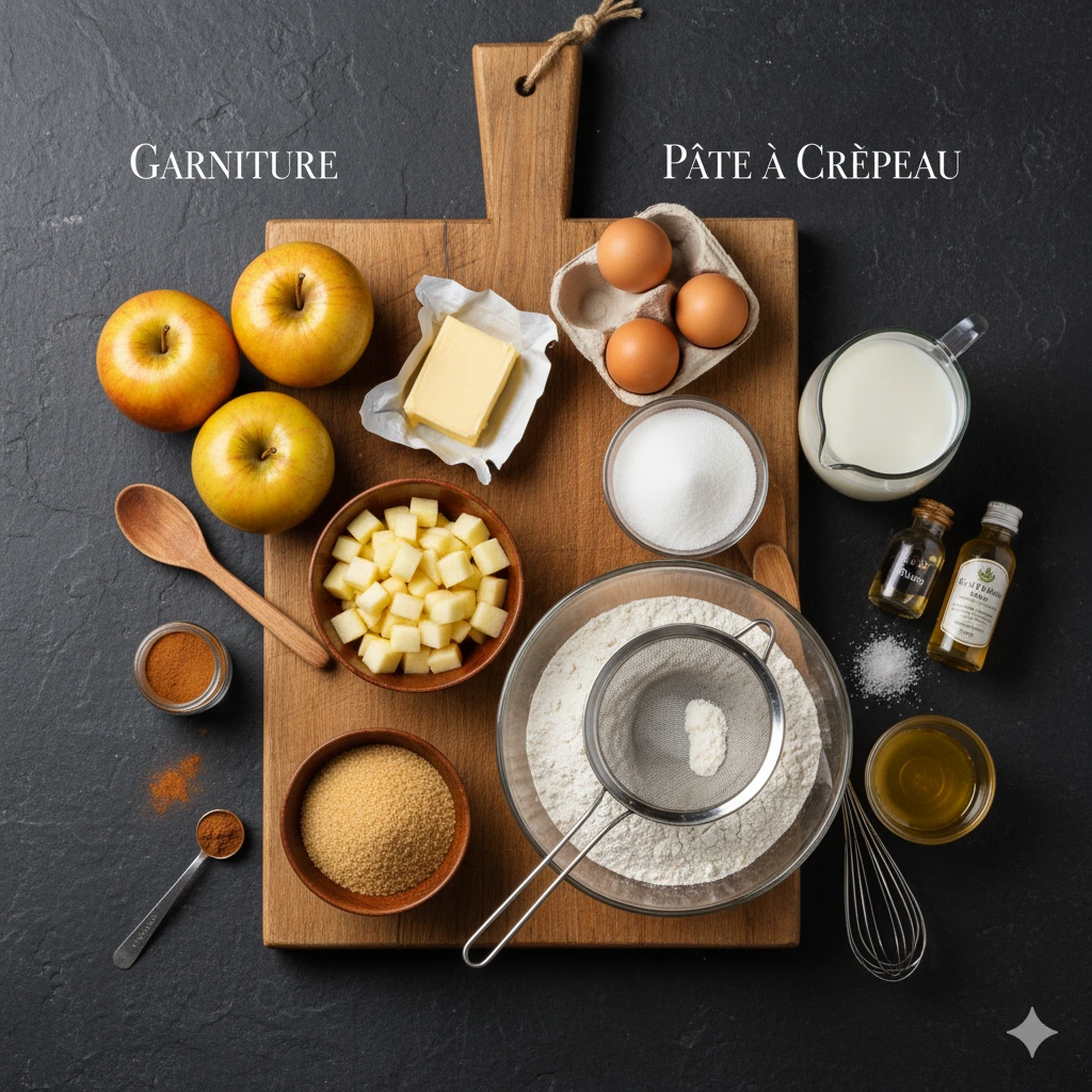 Crépiau aux Pommes entier, doré et coupé en parts sur une planche à découper.