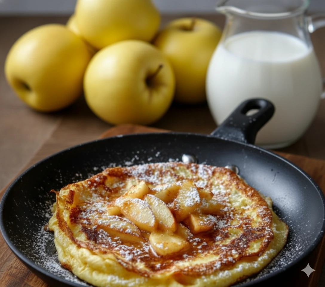 Crépiau aux Pommes 4 Ingrédients pour Crépiau aux Pommes : dés de pommes, œufs, lait, farine et beurre fondu.
