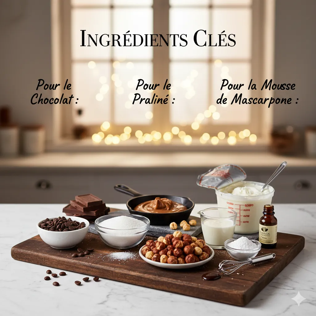 Mousse de mascarpone légère et blanche, incorporée à la chantilly, montrant une texture aérienne.Dômes Chocolat et Praliné avec Mousse de Mascarpone