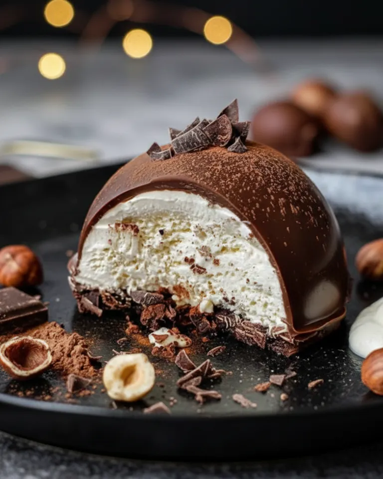 Noisettes caramélisées en cours de mixage dans un robot culinaire, se transformant en pâte lisse et brillante. Dômes Chocolat et Praliné avec Mousse de Mascarpone