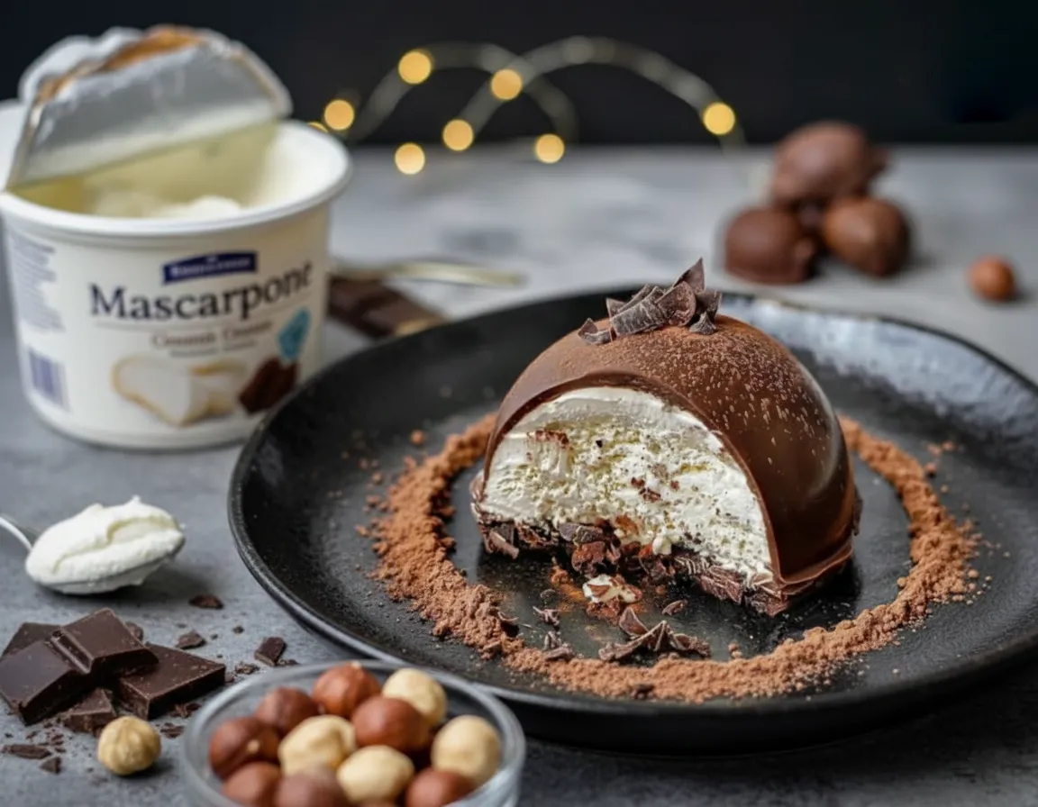 Intérieur des moules en silicone badigeonné d'une couche uniforme de chocolat noir fondu. Dômes Chocolat et Praliné avec Mousse de Mascarpone