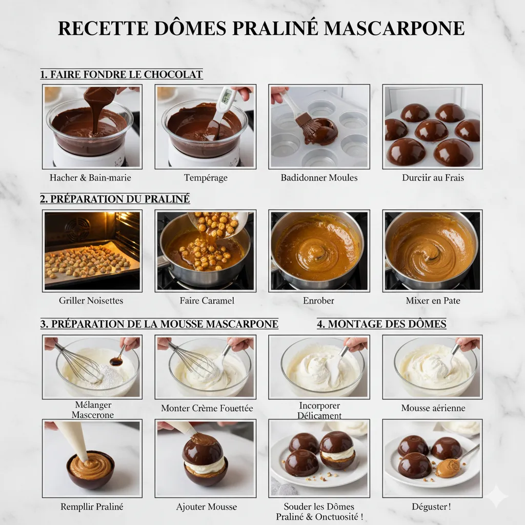 Un Dôme Chocolat et Praliné fini, coupé en deux, révélant les couches : coque, praliné, et mousse. Dômes Chocolat et Praliné avec Mousse de Mascarpone