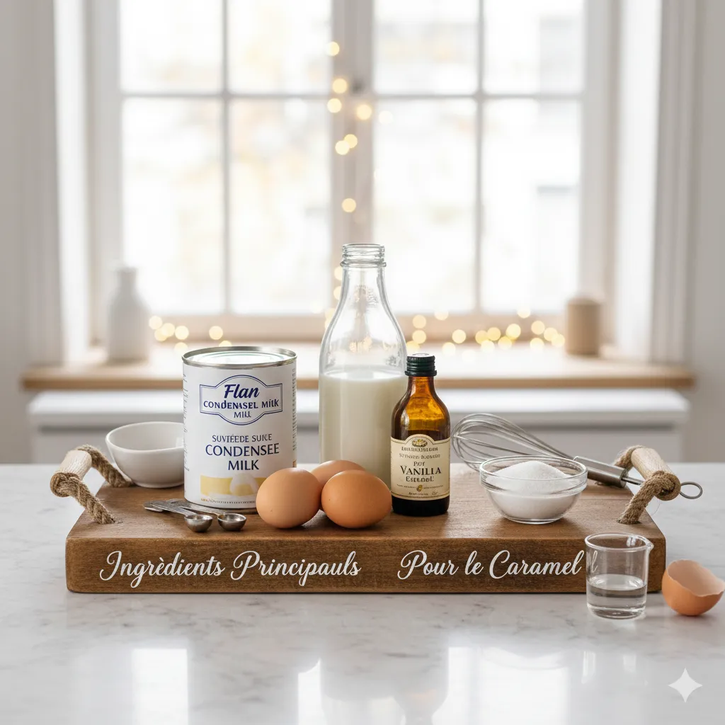 Mélange lisse et jaune clair du lait concentré, lait entier, œufs et vanille dans un saladier.