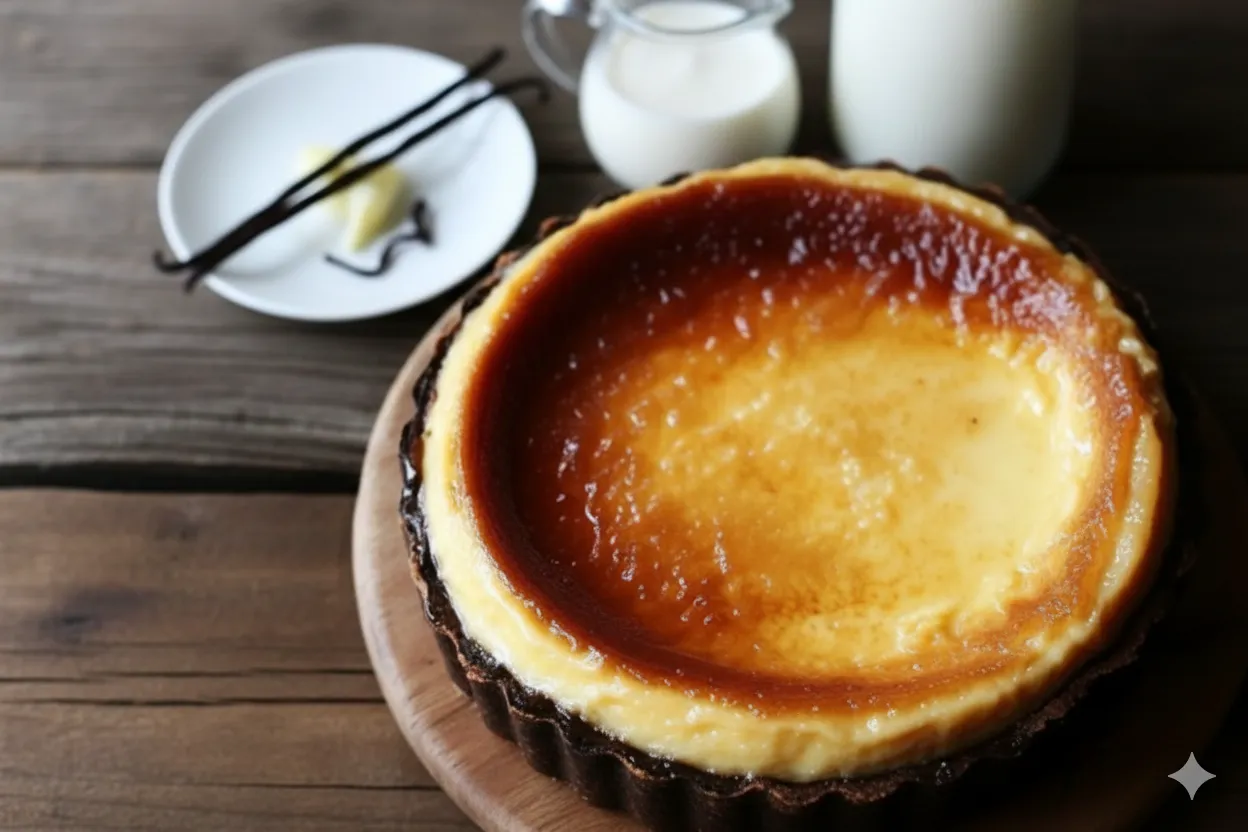Caramel ambré, chaud et liquide, versé dans le fond d'un moule avant qu'il ne durcisse.