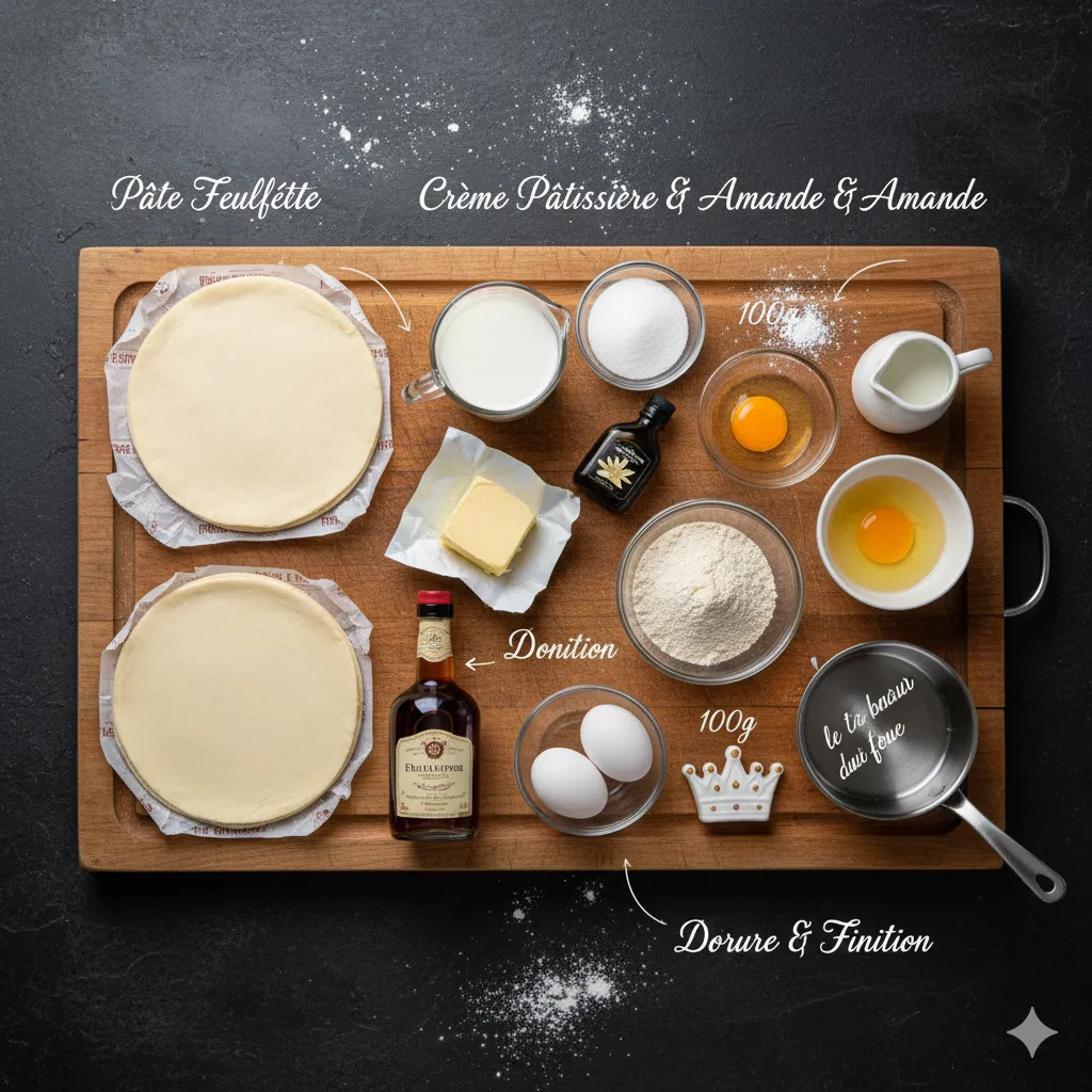 Part de Galette des Rois coupée, révélant le feuilletage croustillant et le cœur de frangipane crémeuse.