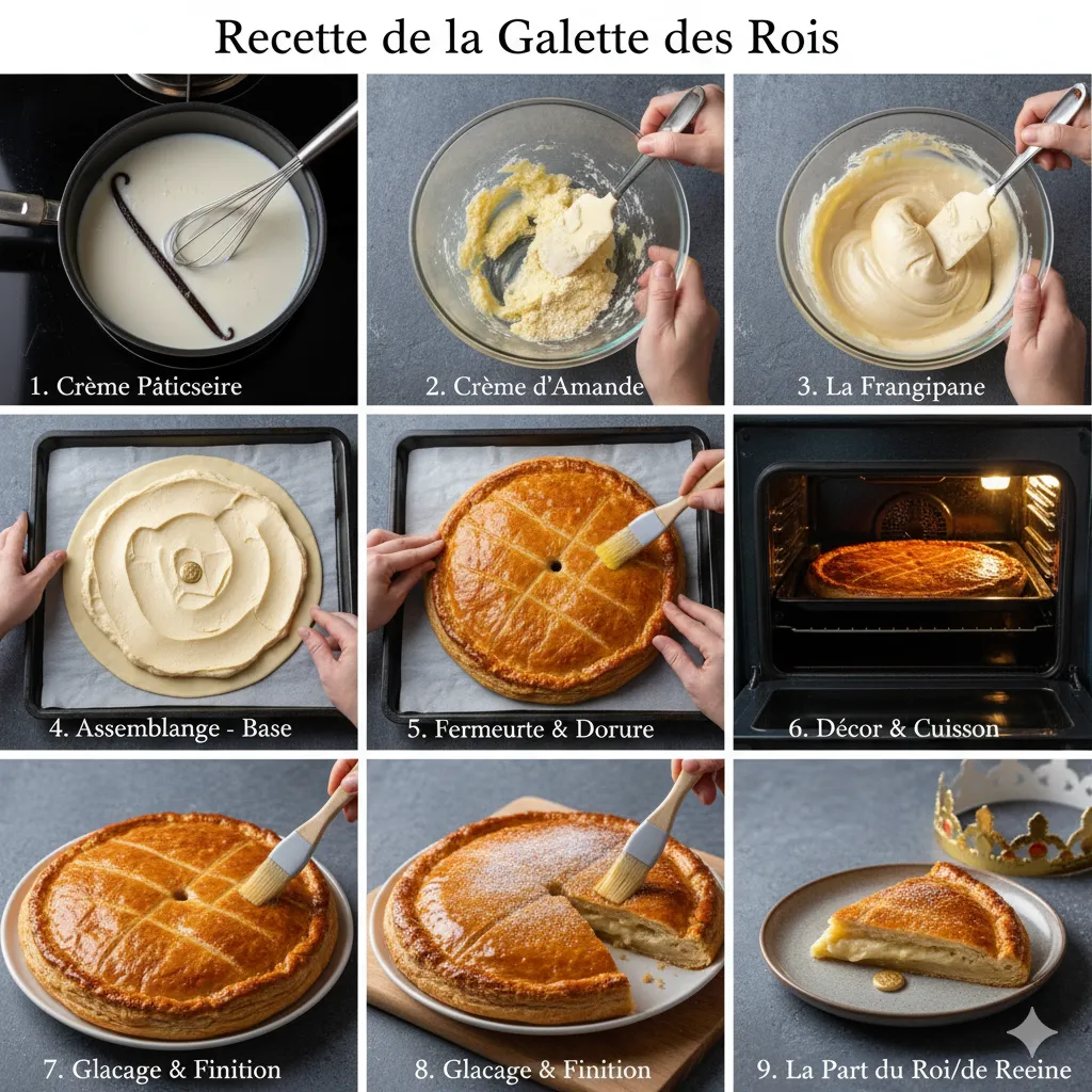 Galette des Rois à la Frangipane Façon Cyril Lignac après cuisson, dorée et brillante grâce au glaçage au sirop.