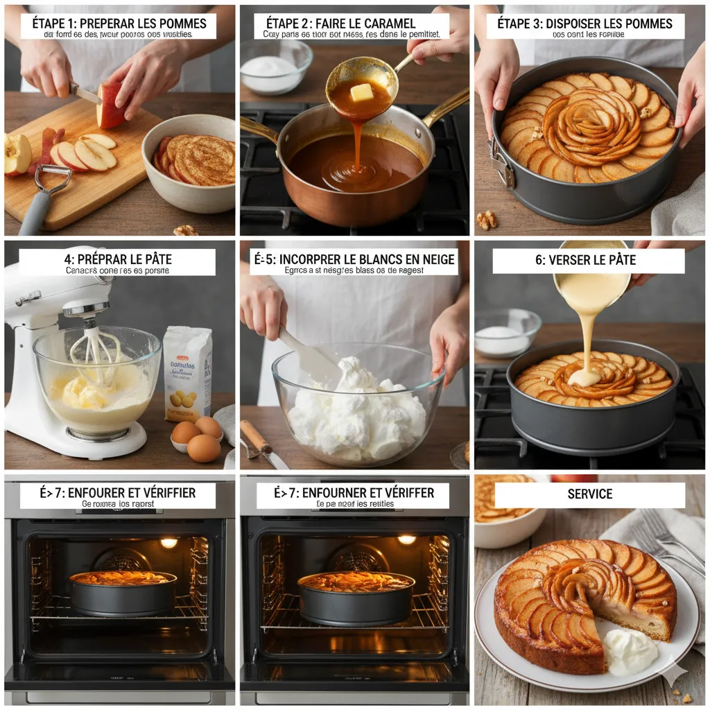 Tranches de pommes disposées en rosace sur le caramel chaud au fond du moule à manqué.