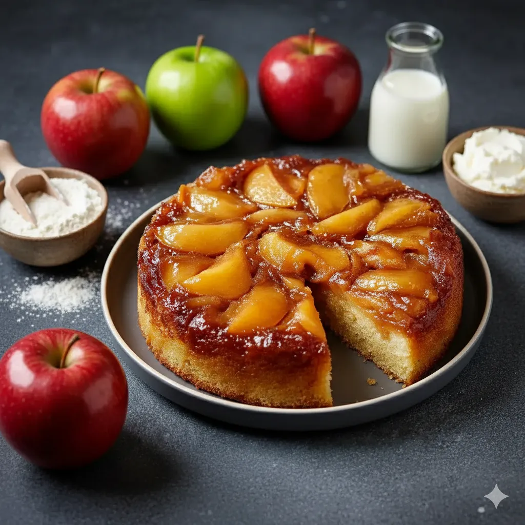 Gâteau Renversé aux Pommes Caramélisées 14 Tranche de Gâteau renversé aux pommes caramélisées coupée, montrant la mie moelleuse et la couche de pommes fondantes.