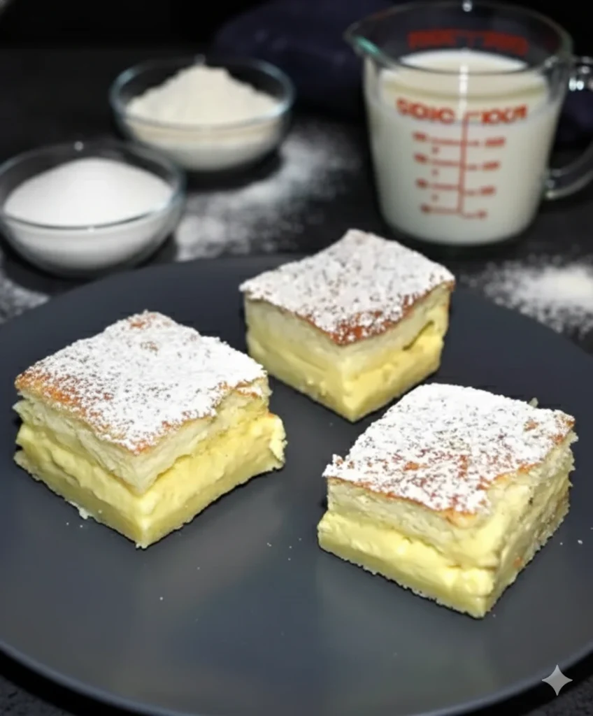 Ingrédients pour Gâteau magique à la vanille : œufs séparés, lait tiède, beurre fondu, sucre, farine et extrait de vanille.
