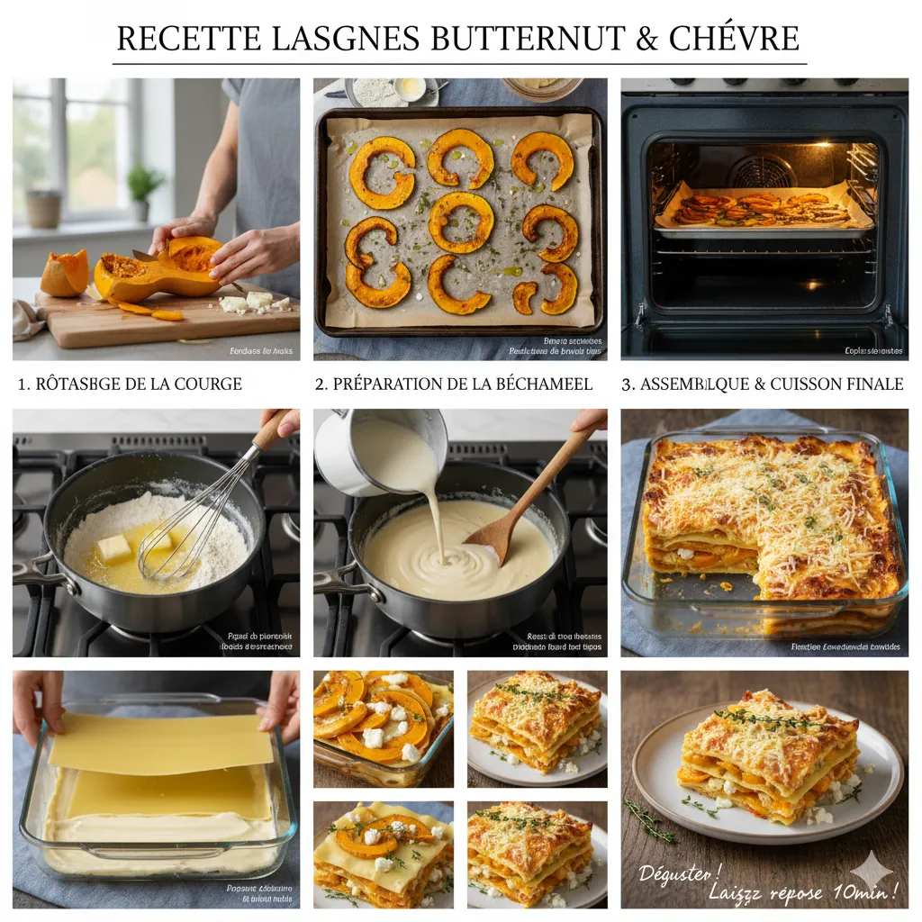 Lasagnes Courge Butternut et Chèvre chaudes, dorées et gratinées, servies dans le plat, avec une part découpée.