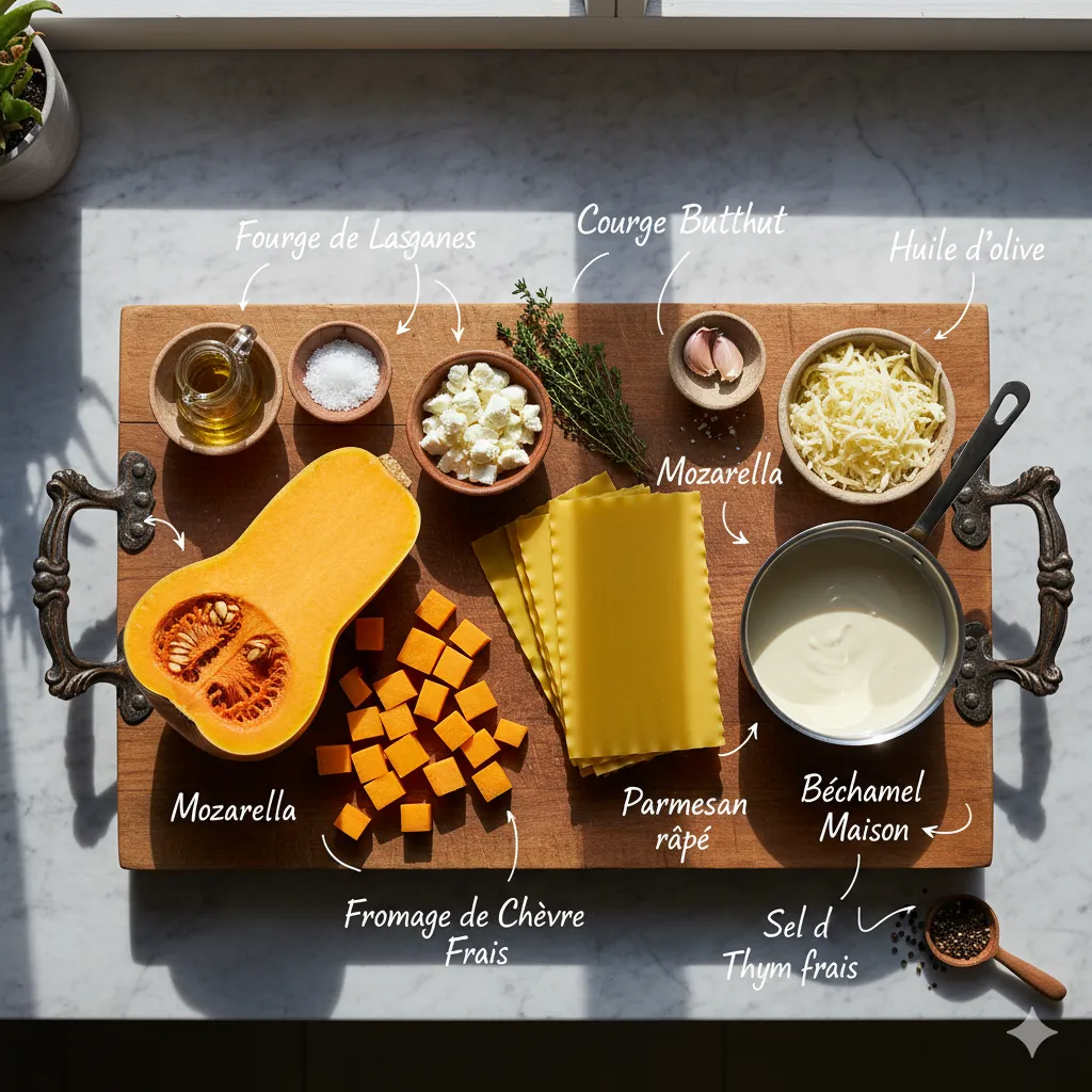 Montage des lasagnes courge et chèvre dans un plat à gratin, montrant l'alternance des pâtes, de la béchamel, de la courge et du chèvre frais émietté.