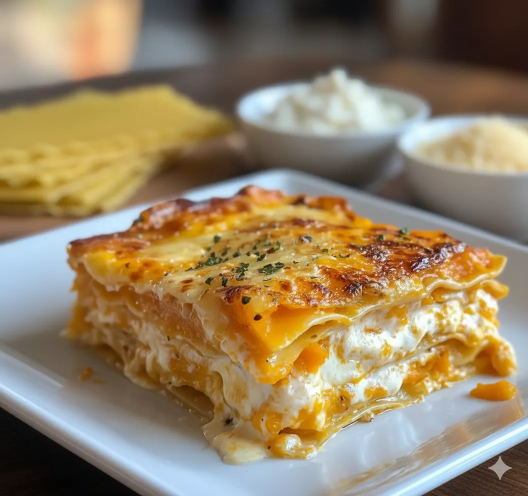 Les ingrédients pour les lasagnes butternut et chèvre : courge entière et coupée, fromage, béchamel, thym et ail sur un plan de travail.