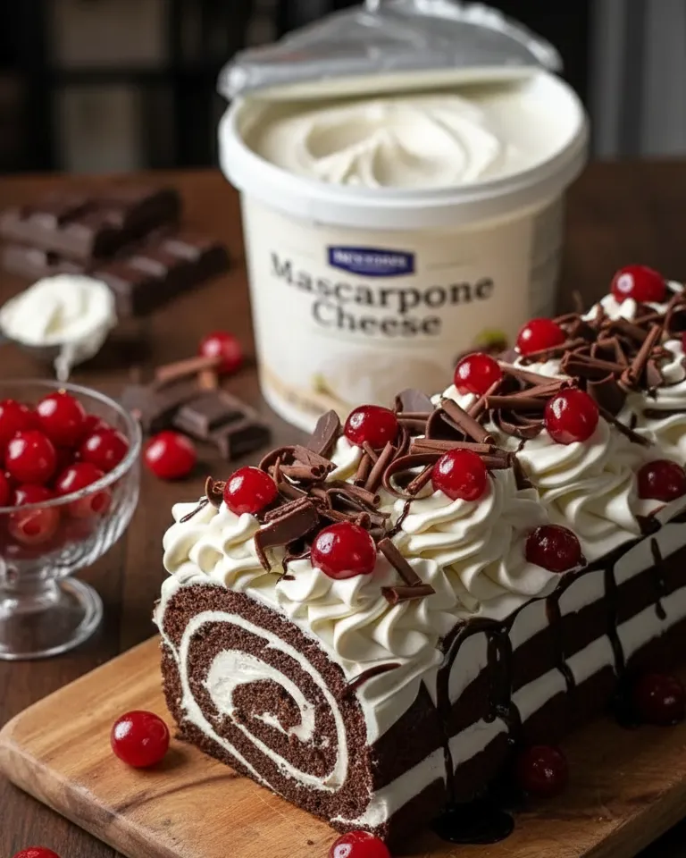 Bûche roulée Forêt-Noire au chocolat et cerises, montrant les couches de génoise, crème et cerises.