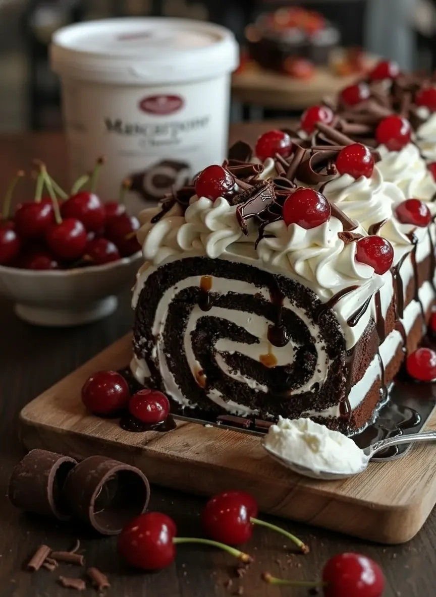 Génoise au chocolat souple, sortant du four, enroulée dans un torchon humide. Bûche roulée Forêt-Noire au chocolat et cerises