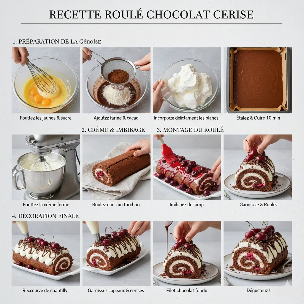 Bûche roulée garnie, recouverte de crème, copeaux de chocolat et cerises.