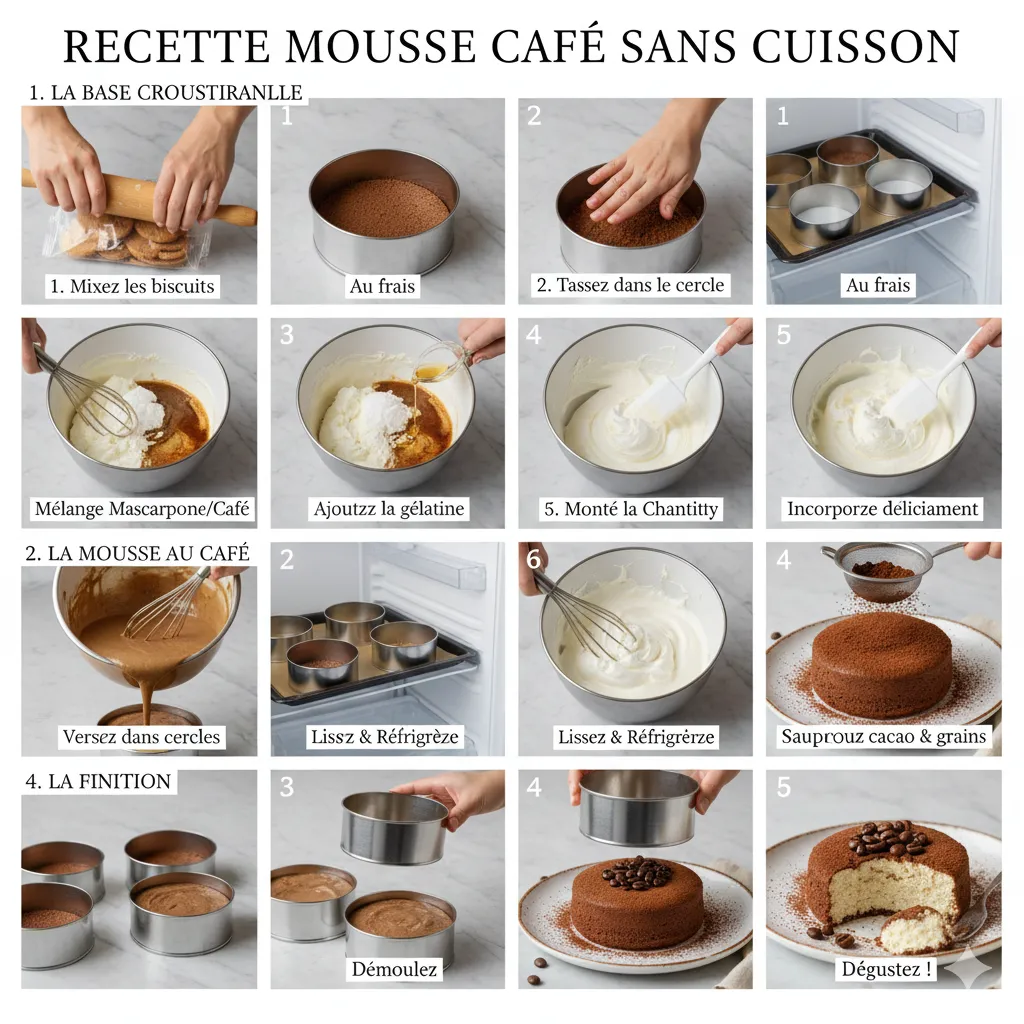 Portion individuelle de Mousse au Café sans Cuisson, démoulée, saupoudrée de cacao et décorée de grains de café.