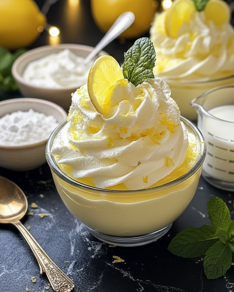 Un ramequin rempli de Mousse au Citron, décoré d'un zeste, après réfrigération. Mousse au Citron Express