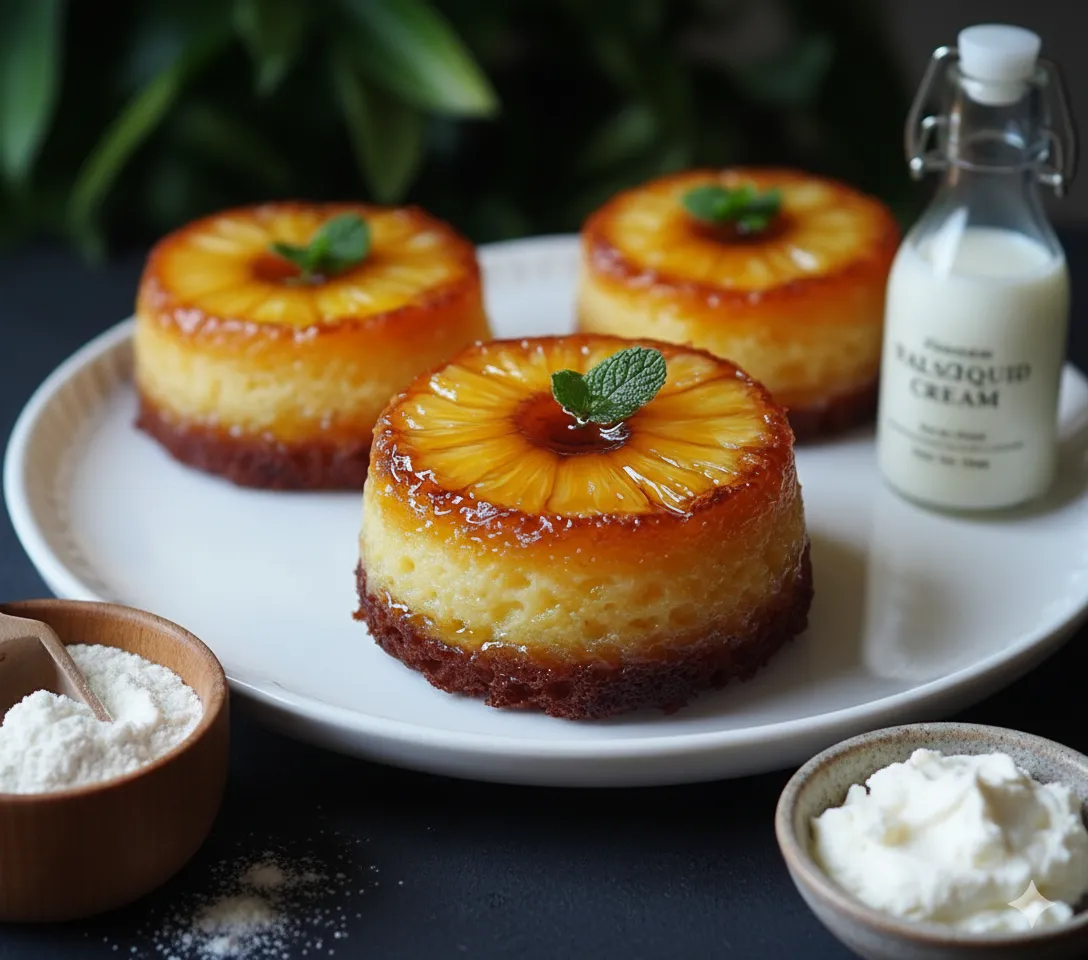 Petits Moelleux Renversés à l’Ananas et Mascarpone 3 Tranches d'ananas et cerises confites disposées sur le caramel au fond des alvéoles d'un moule à muffins.