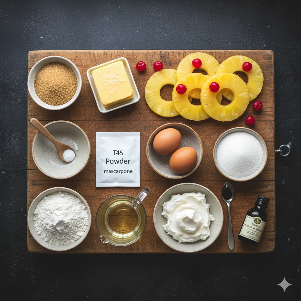 Petits Moelleux Renversés à l'Ananas et Mascarpone démoulés, avec l'ananas caramélisé et brillant sur le dessus.