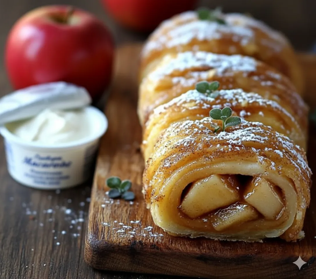 Roulés aux Pommes Cannelle 4 Rouleau de pâte feuilletée avec la garniture de pommes et cannelle à l'intérieur, coupé en tranches.