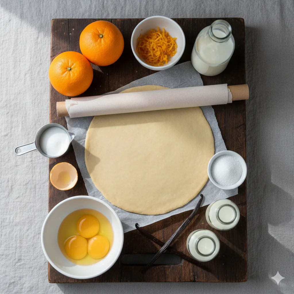 Tarte remplie de ganache crème brûlée, cuite et refroidie, prête à être saupoudrée de cassonade.