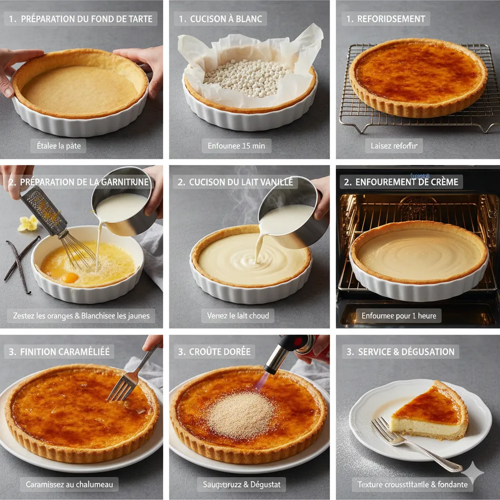 Chalumeau de cuisine caramélisant une couche de cassonade sur la tarte, créant une croûte ambrée.
