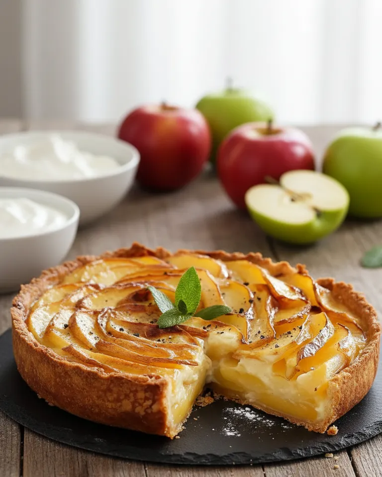 Tarte-Flan aux Pommes dorée, avec un centre crémeux et des bords de pâte croustillants. Tarte-Flan aux Pommes à l’Ancienne