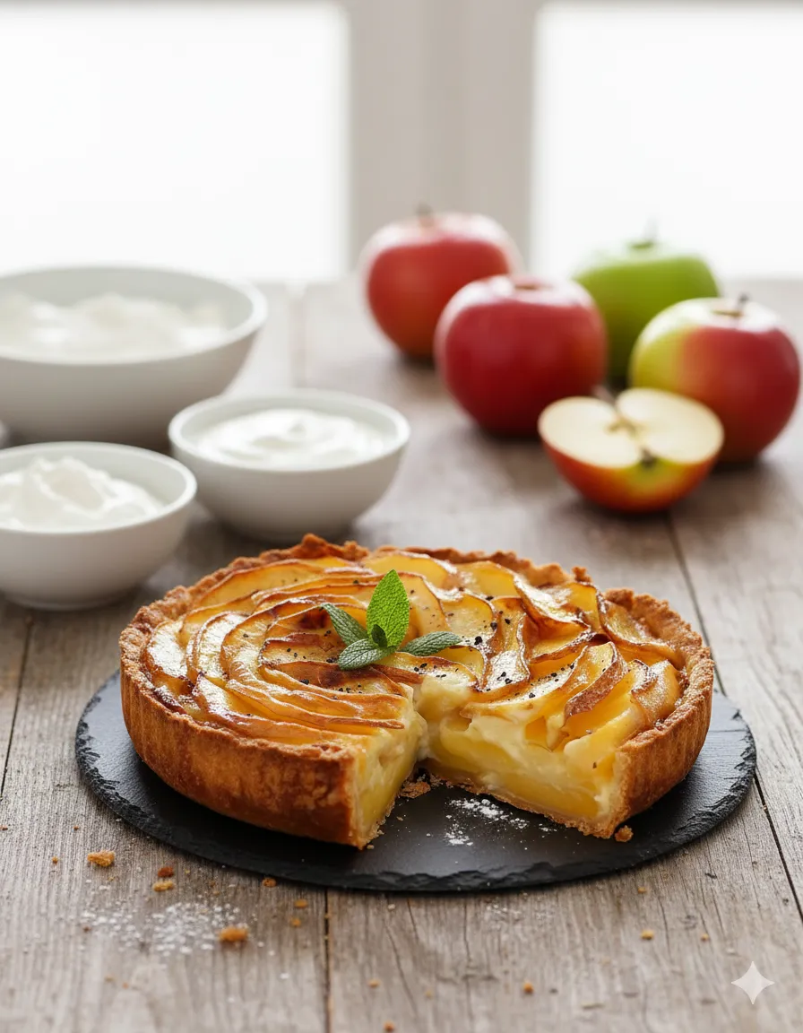 Tranches de pommes disposées uniformément sur le fond de pâte sablée dans le moule. Tarte-Flan aux Pommes à l’Ancienne