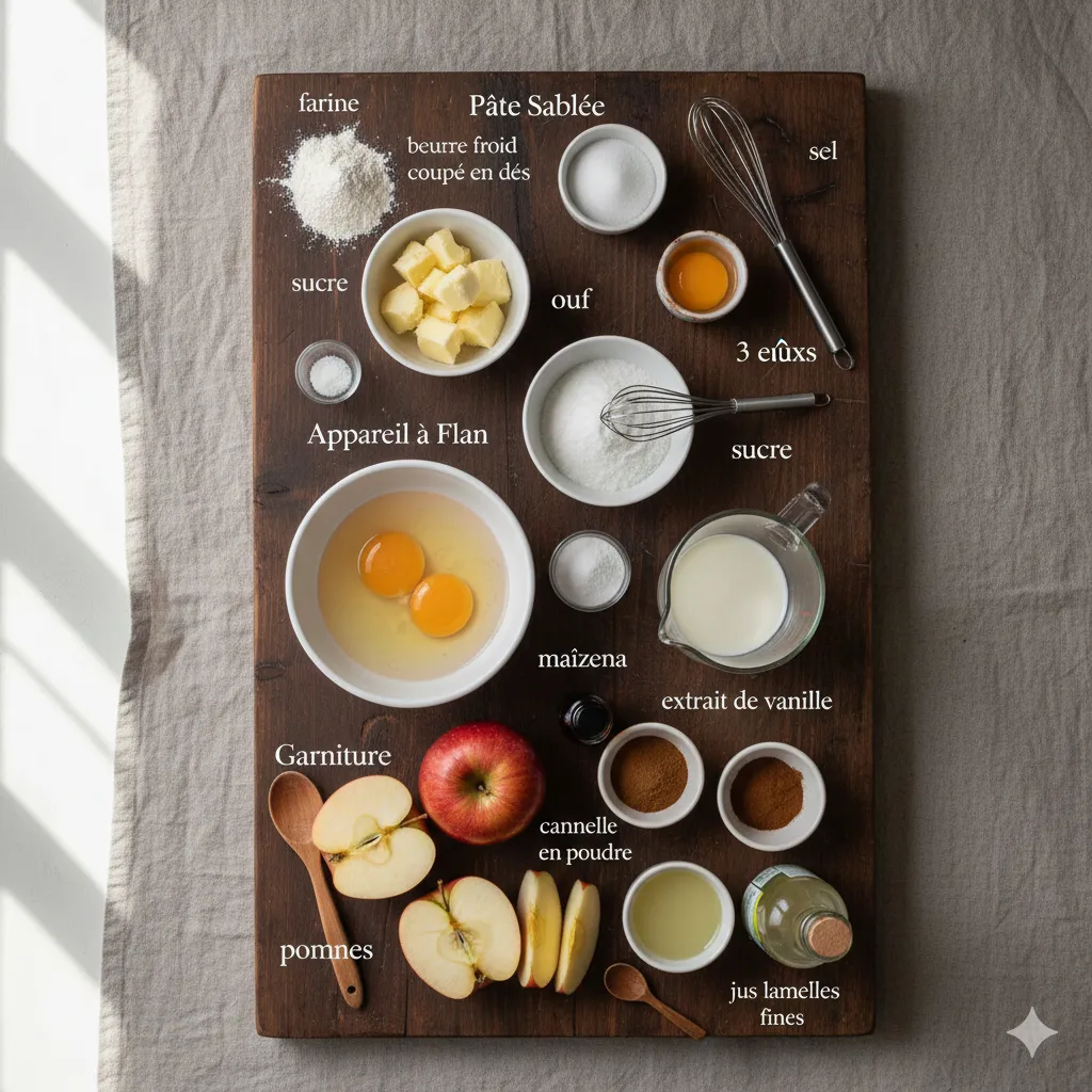 Mélange d'œufs, sucre et maïzena en train d'être tempéré avec du lait chaud dans un bol. Tarte-Flan aux Pommes à l’Ancienne