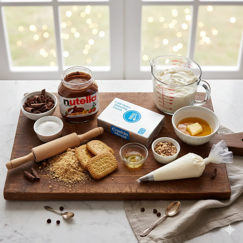 Tarte Mousse de Nutella 3 Crème fouettée délicatement incorporée au mélange Nutella et fromage frais, montrant une texture légère. Tarte Mousse de Nutella