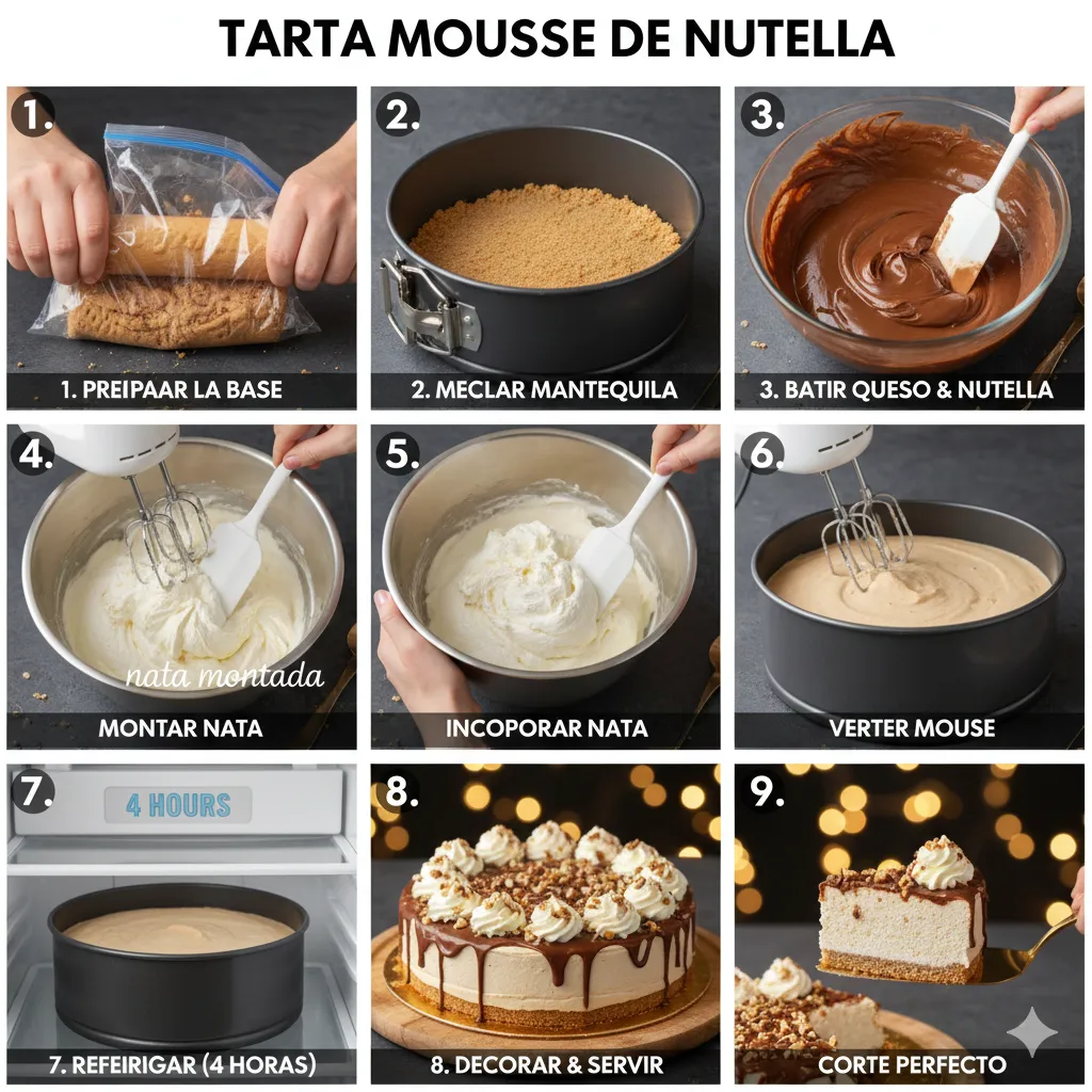 Base de biscuits et beurre pressée fermement dans un moule à charnière, prête à être refroidie. Tarte Mousse de Nutella