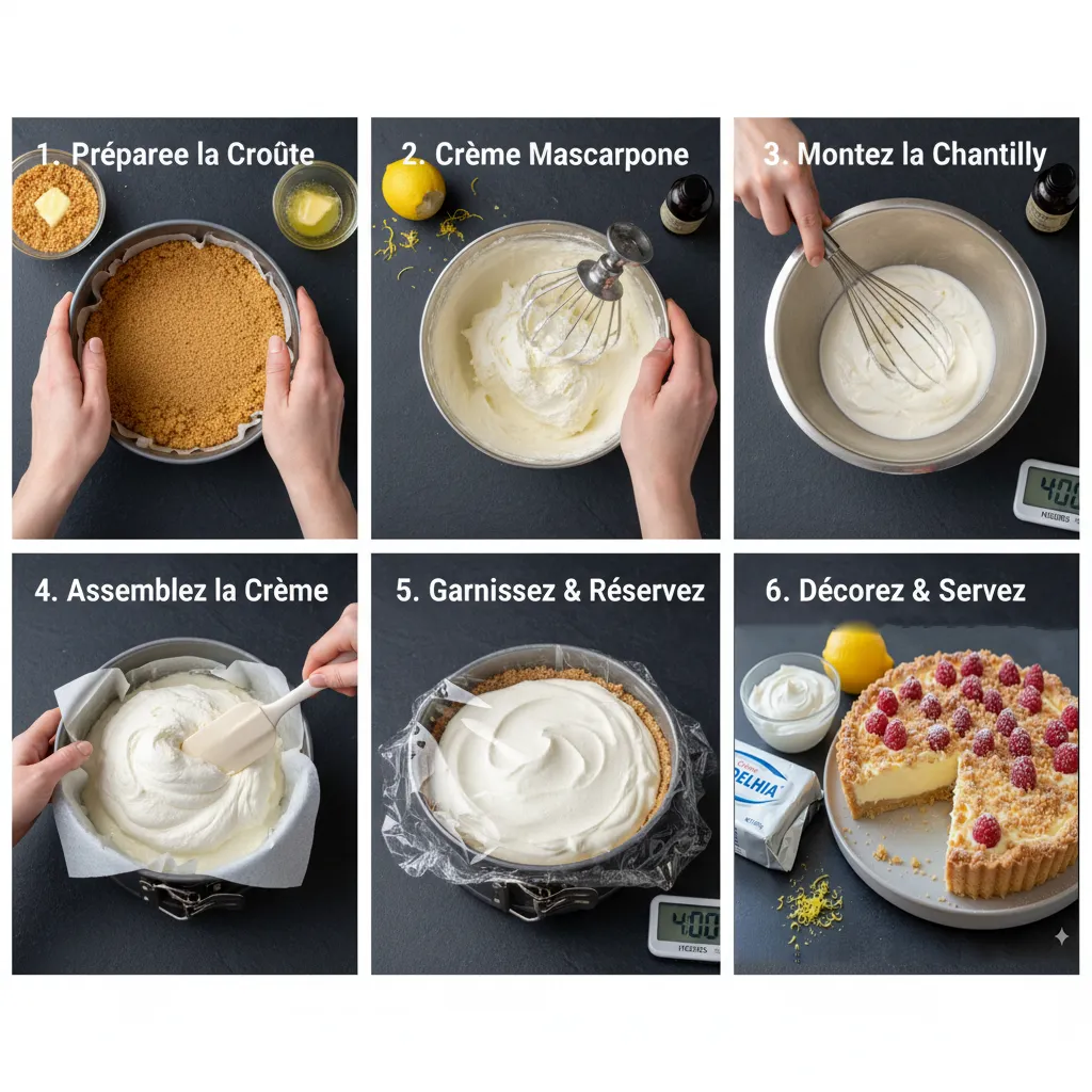 Crème Mascarpone Paradis aérienne versée sur la croûte de biscuits dans le moule, avant le repos au frais.