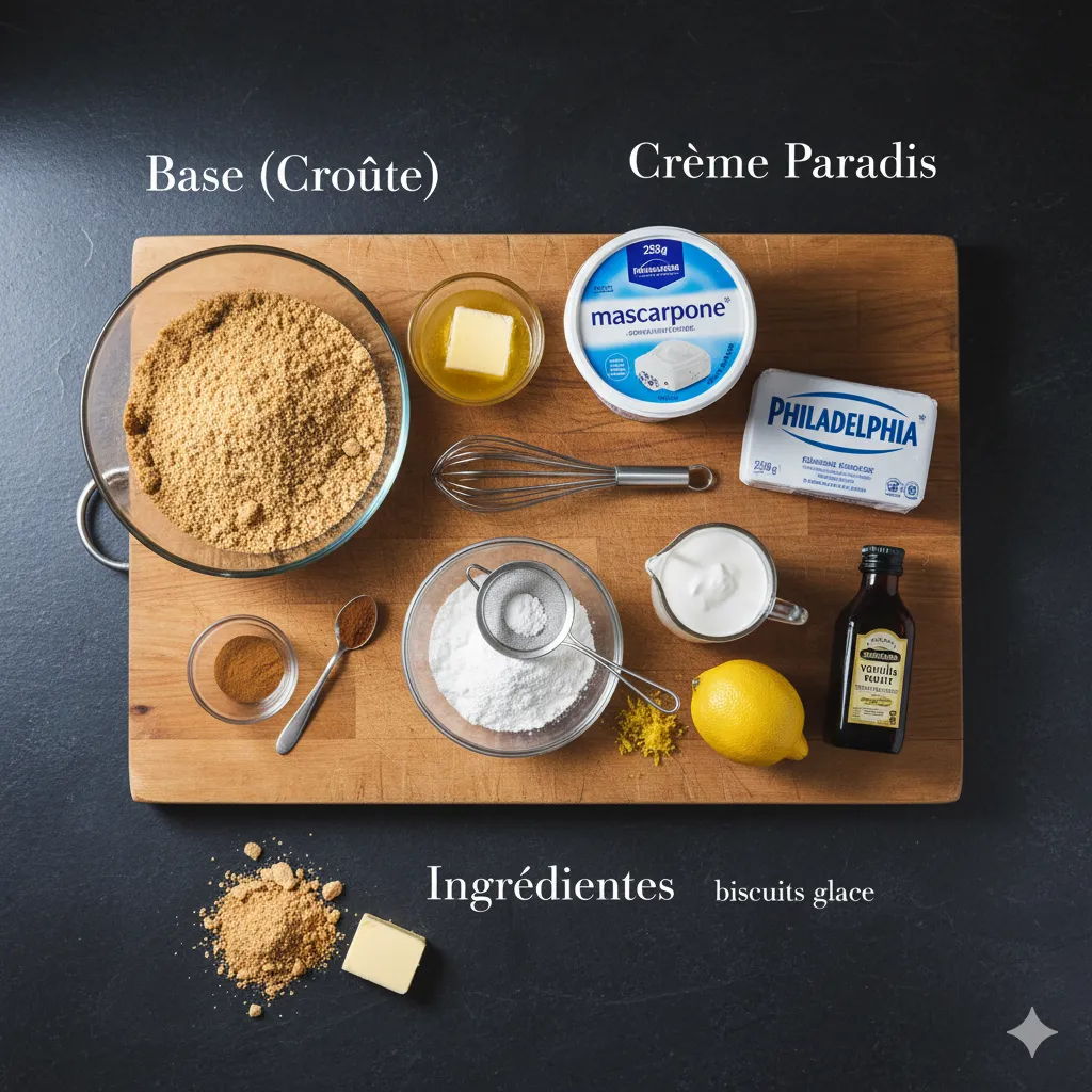 Part de Tarte Paradis Sans Cuisson coupée, révélant la couche de biscuits croustillants et l'épaisse crème crémeuse, décorée de framboises.