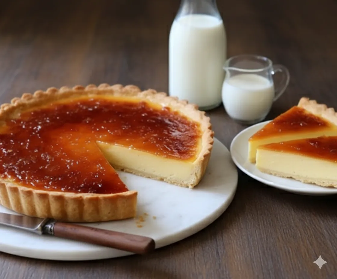 Ingrédients pour Tarte au Flan : lait entier, gousse de vanille, œufs, sucre, Maïzena et pâte feuilletée.