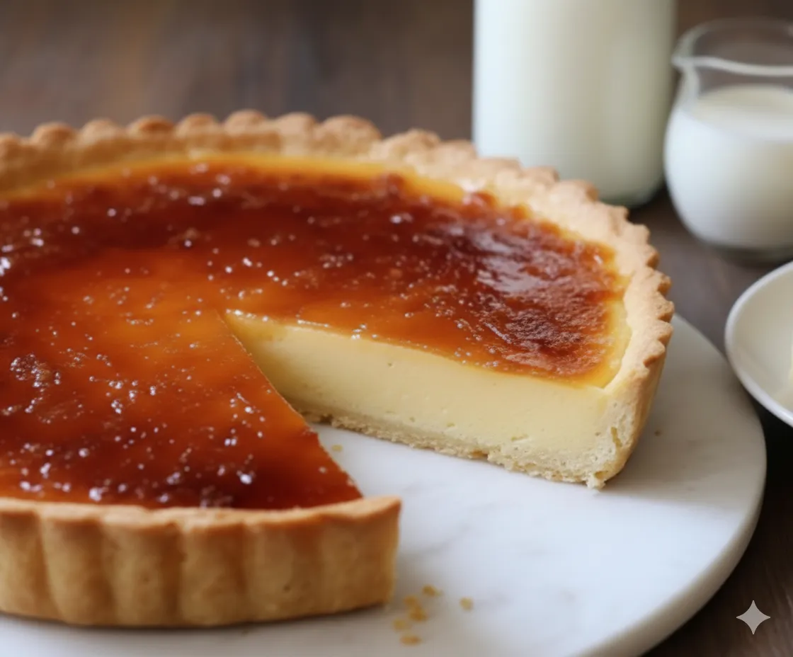 Crème à flan épaisse dans une casserole, après cuisson sur le feu, prête à être versée.
