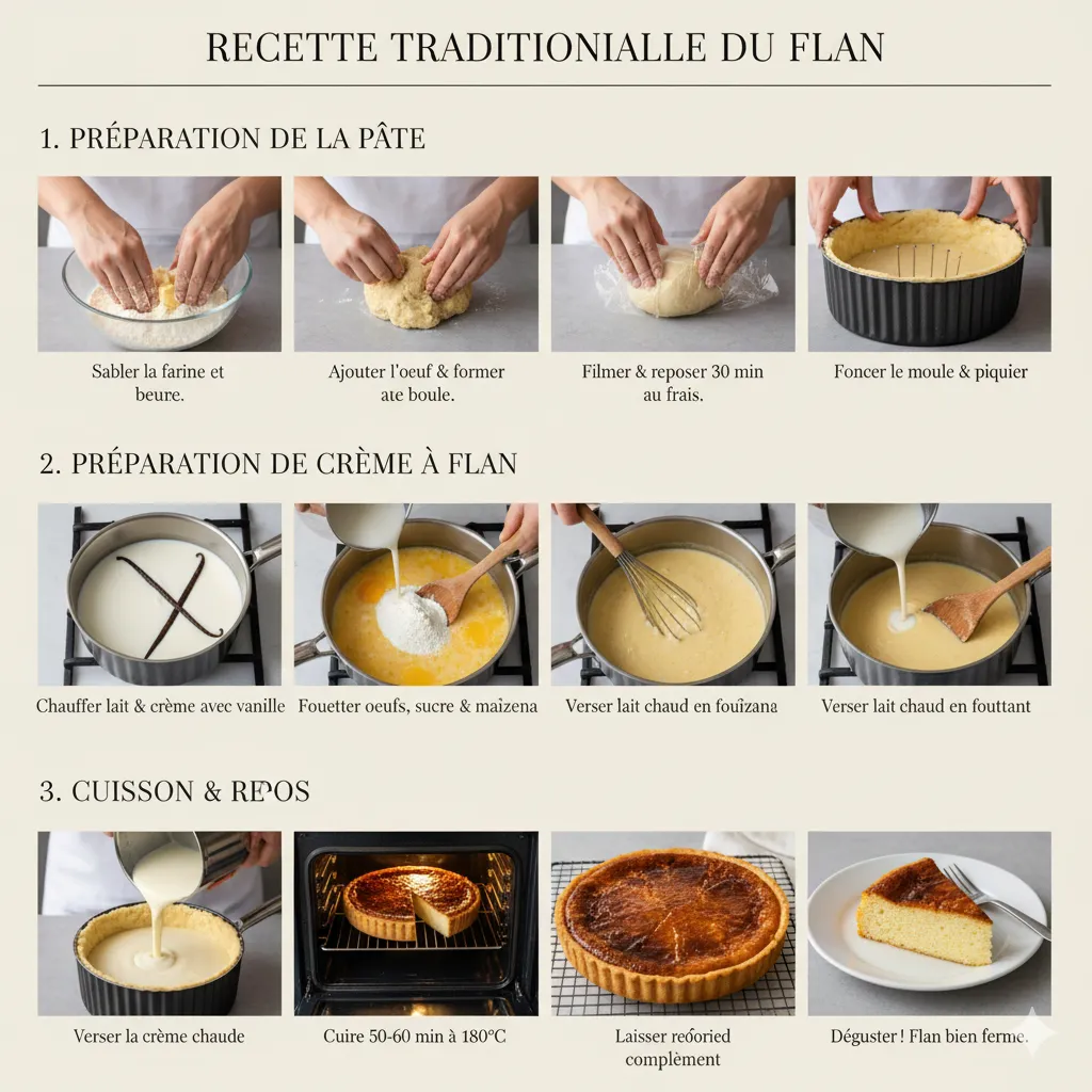 Tarte au Flan entière, sortie du four, avec une surface dorée et des bords hauts.