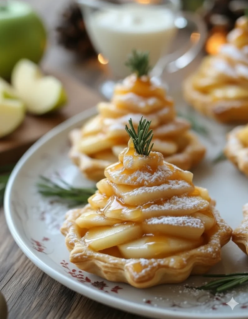 Ingrédients pour Tartelettes de Noël aux Pommes, Brie et Caramel : tranches de pommes, dés de Brie, pâte feuilletée et sauce caramel au beurre salé.Légende :