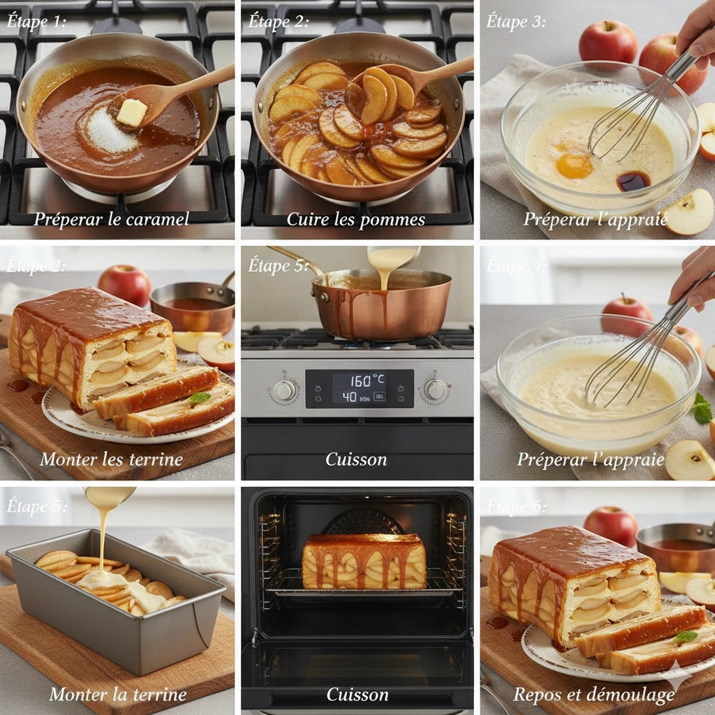 Tranche de Terrine aux Pommes Caramélisées démoulée, avec les couches de pommes bien serrées et un filet de caramel.