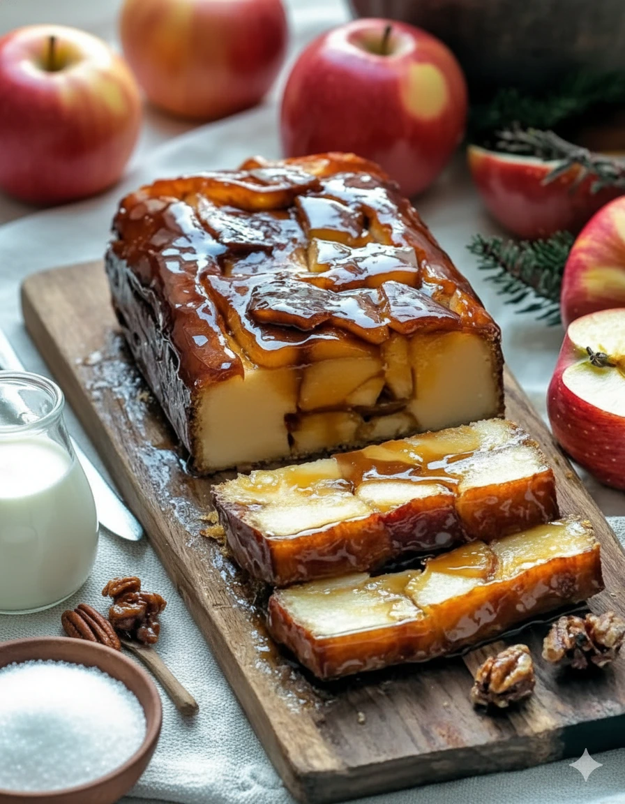 Terrine aux Pommes Caramélisées 3 Tranches de pommes superposées et serrées dans un moule à cake chemisé, avant la cuisson.