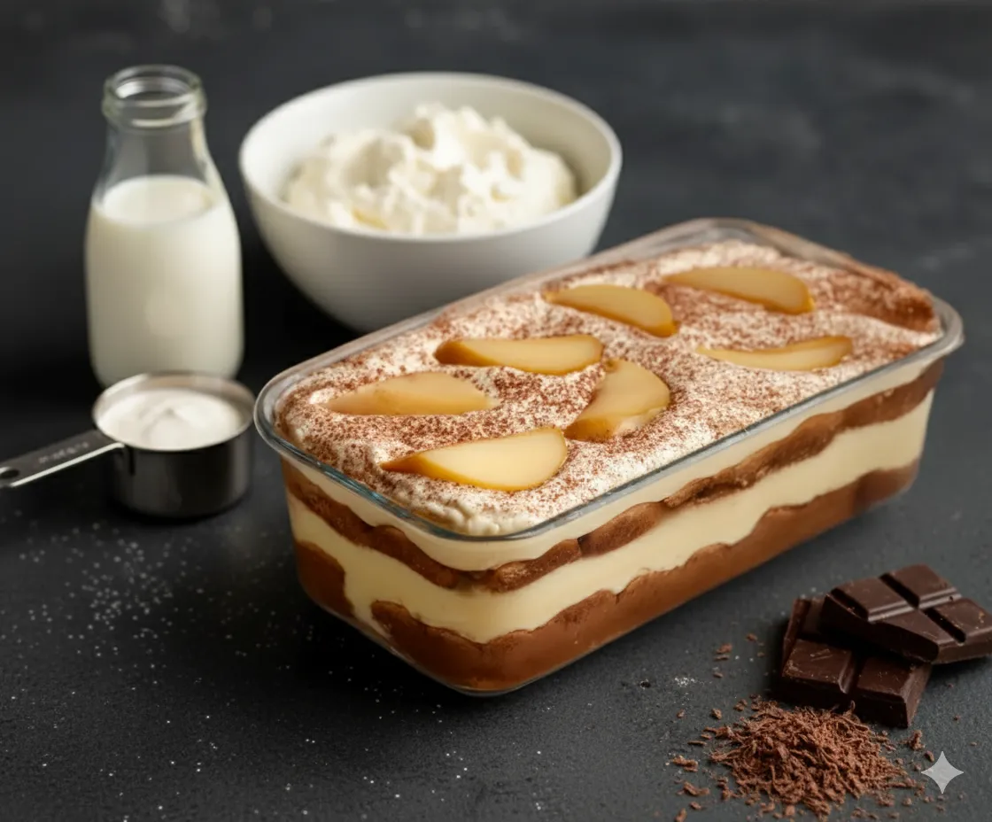 Ingrédients pour Tiramisu Poires Chocolat : mascarpone, œufs, dés de poires, biscuits savoiardi, et copeaux de chocolat.