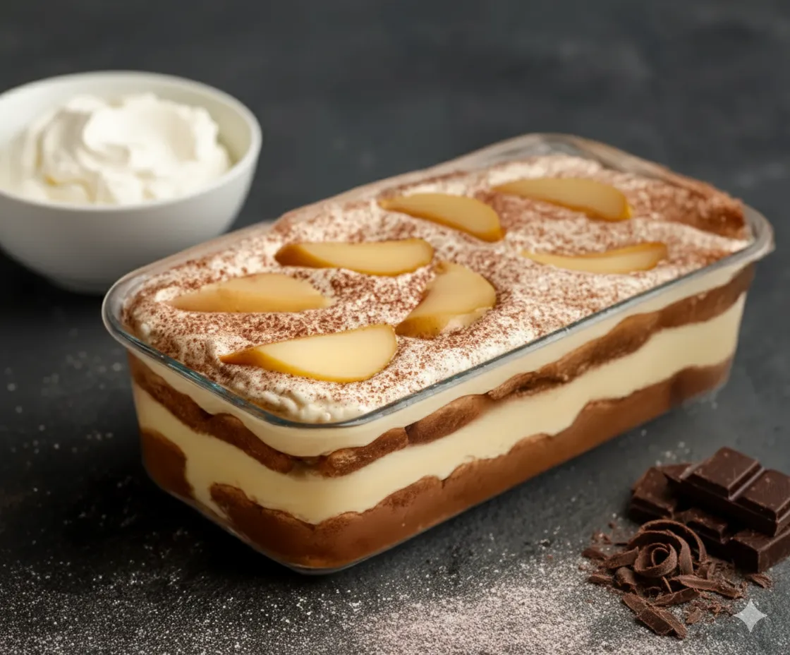 Tiramisu Poires Chocolat en cours de montage, avec les couches de crème mascarpone et de dés de poires visibles.