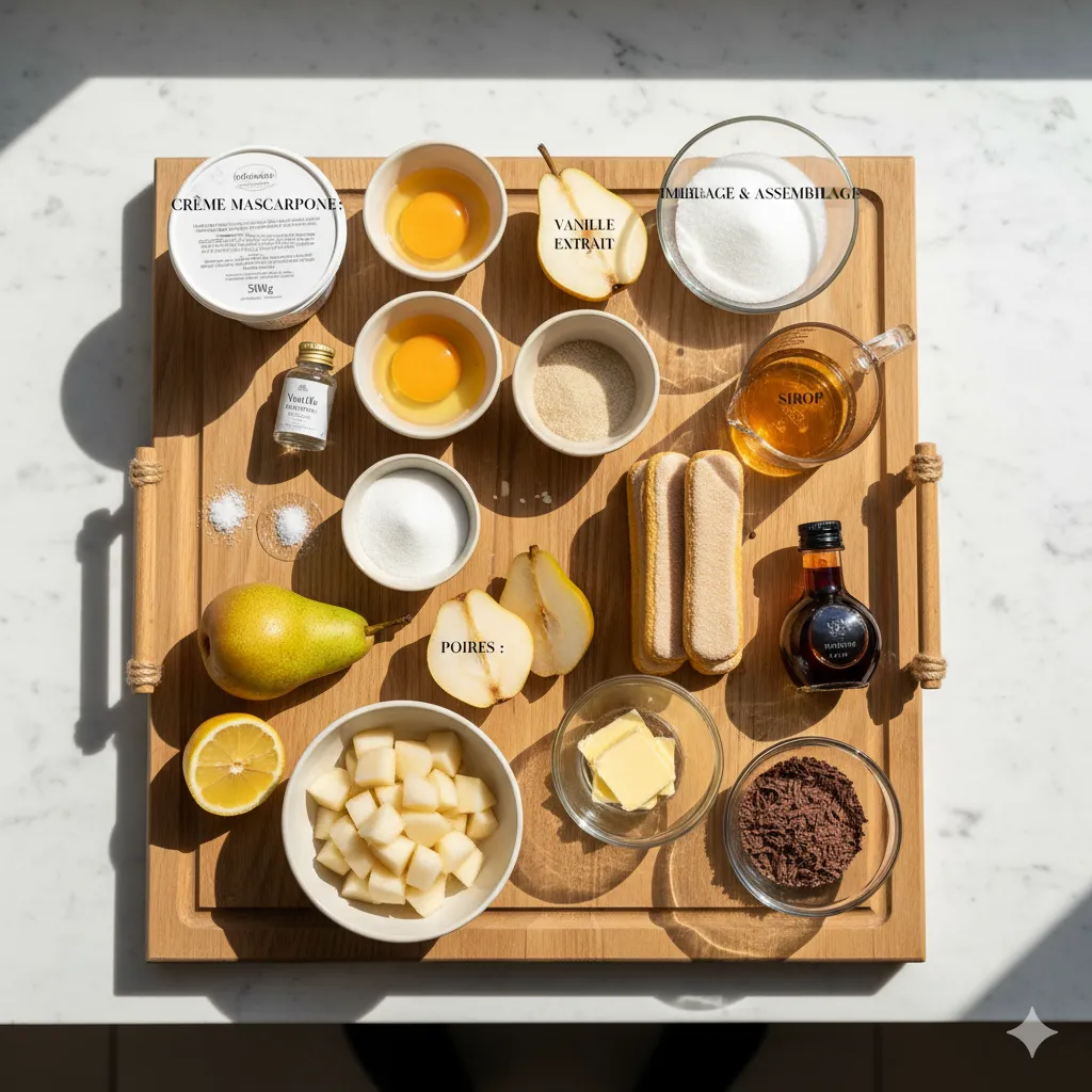 Tiramisu Poires Chocolat entier, sorti du réfrigérateur, avec un topping de copeaux de chocolat et de poires.