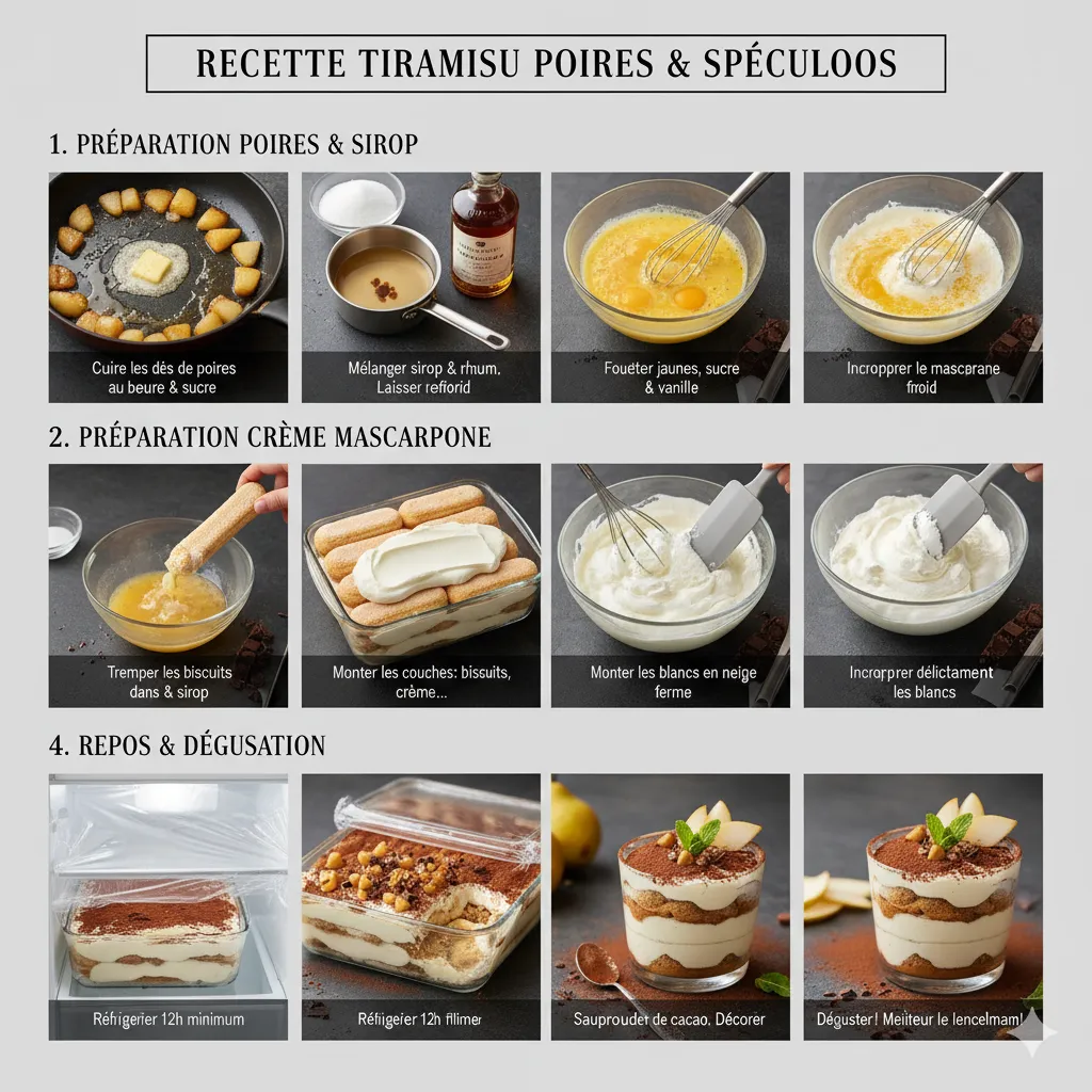 Part de Tiramisu Poires Chocolat coupée, révélant la crème aérienne, les biscuits imbibés et les morceaux de poires.