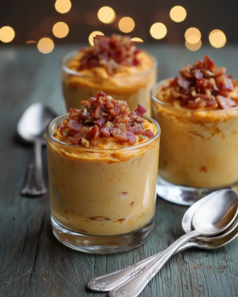 Verrine décorée d'un morceau de bacon croustillant et d'une touche de sucre glace. Verrines Mousse de Patate Douce et Bacon Croustillant