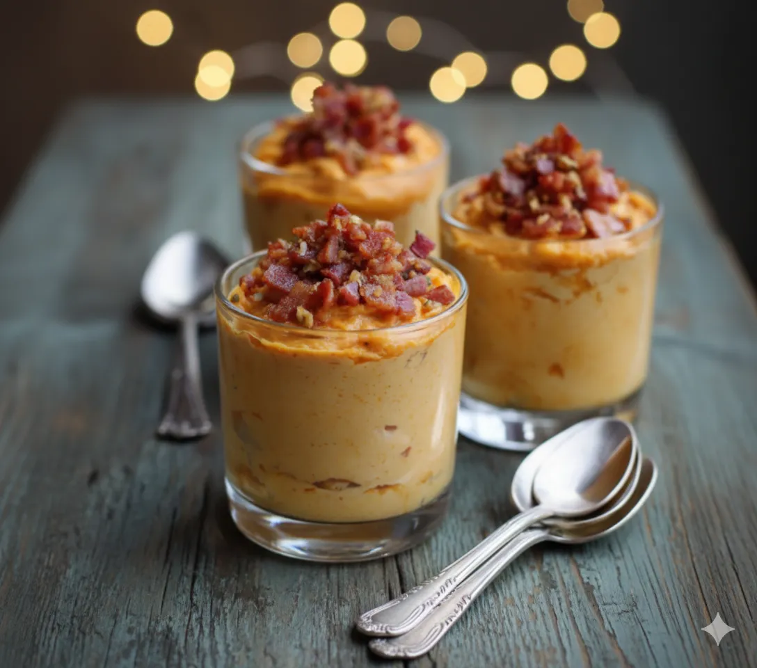 Verrines Mousse de Patate Douce et Bacon Croustillant 2 Deux textures de purée de patate douce empilées dans une verrine en verre. Verrines Mousse de Patate Douce et Bacon Croustillant
