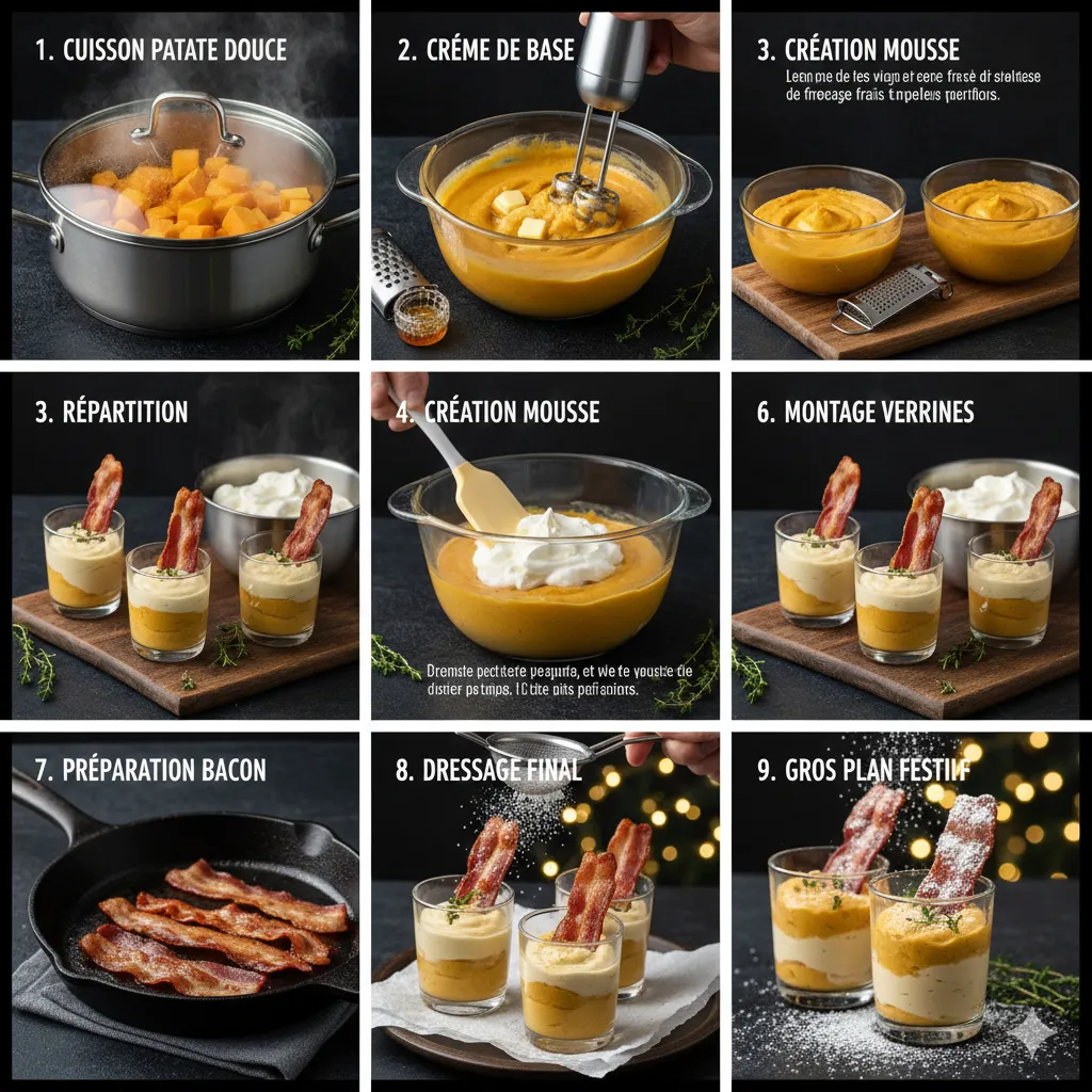Crème de patate douce allégée et incorporée à la chantilly, montrant une texture légère. Verrines Mousse de Patate Douce et Bacon Croustillant
