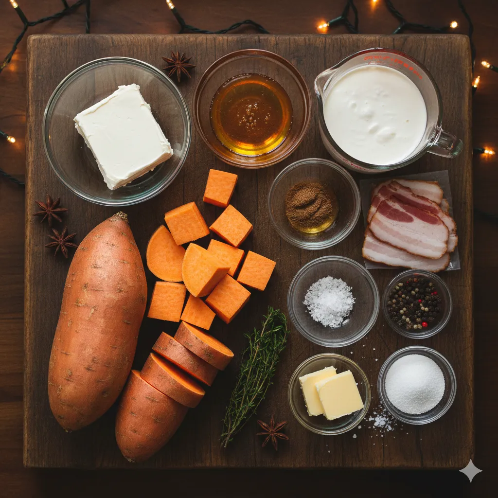 Verrines Mousse de Patate Douce et Bacon Croustillant 4 Purée de patate douce chaude, brillante et parfaitement lisse, mélangée au beurre et au miel. Verrines Mousse de Patate Douce et Bacon Croustillant