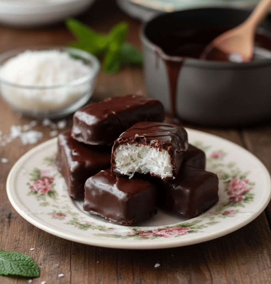 Barre de coco froide plongée dans du chocolat au lait fondu avec une fourchette Bounty Seulement 3 Ingrédients